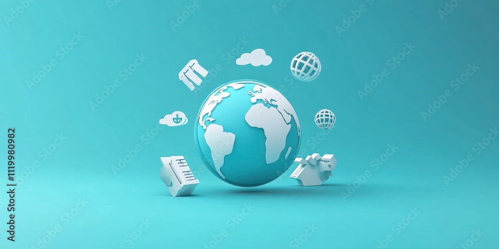 Poster A 3D globe surrounded by icons representing global connectivity and communication.