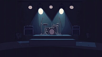 Dark stage with drum kit, spotlights, and amps. (1)