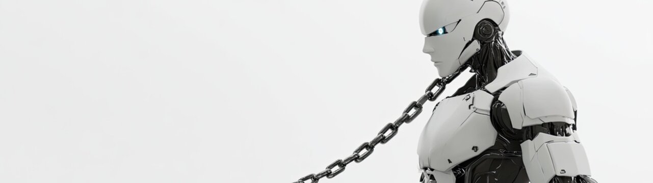 Chained humanoid robot against white background.
