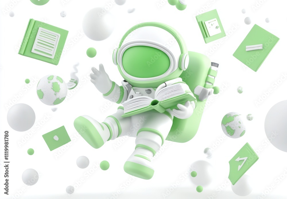 Poster a playful green astronaut reading among floating objects in a whimsical space scene.