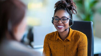 Customer service representative handling a challenging situation with a calm and professional attitude, smiling while interacting with a client