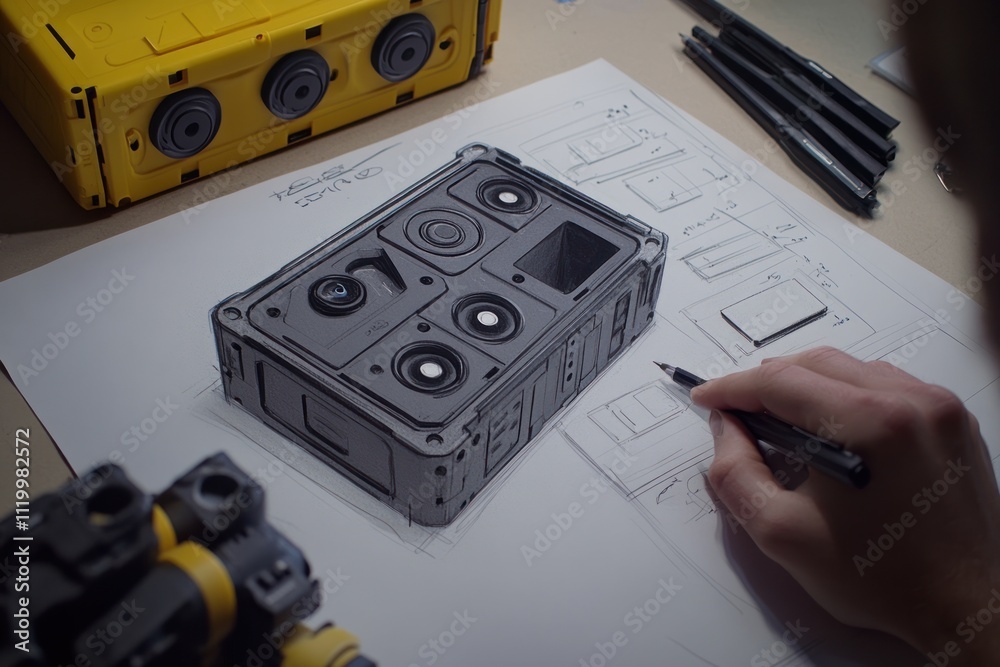 Poster a person sketches a detailed design of a futuristic device on paper with tools nearby.