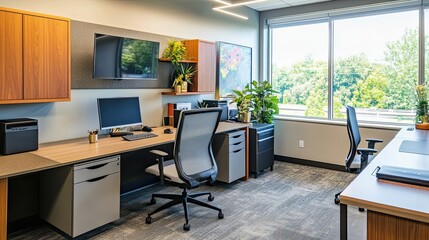 Modern Office Workspace Featuring Wood And Gray Accents