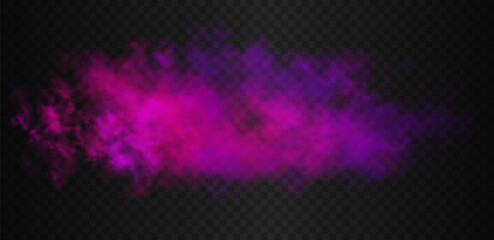 Pink and purple vibrant gradient futuristic colorful smoke cloud. Vector realistic magic color haze isolated on the semi transparent dark background