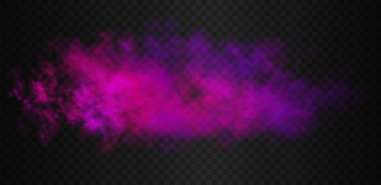 Pink and purple vibrant gradient futuristic colorful smoke cloud. Vector realistic magic color haze isolated on the semi transparent dark background