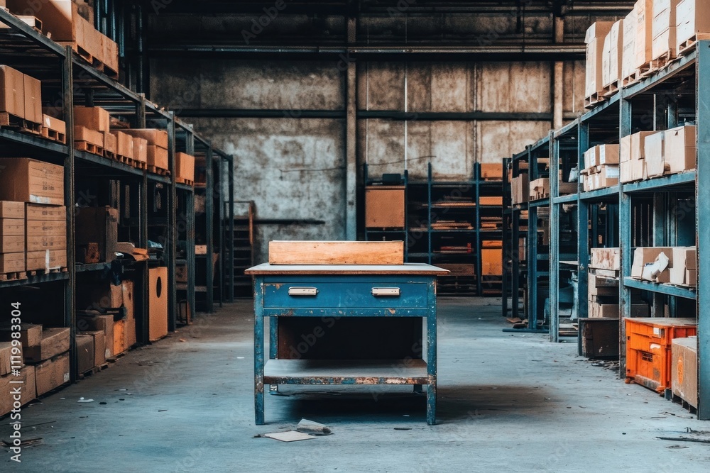 Poster an empty workspace in a warehouse with shelves and boxes, emphasizing industrial organization.