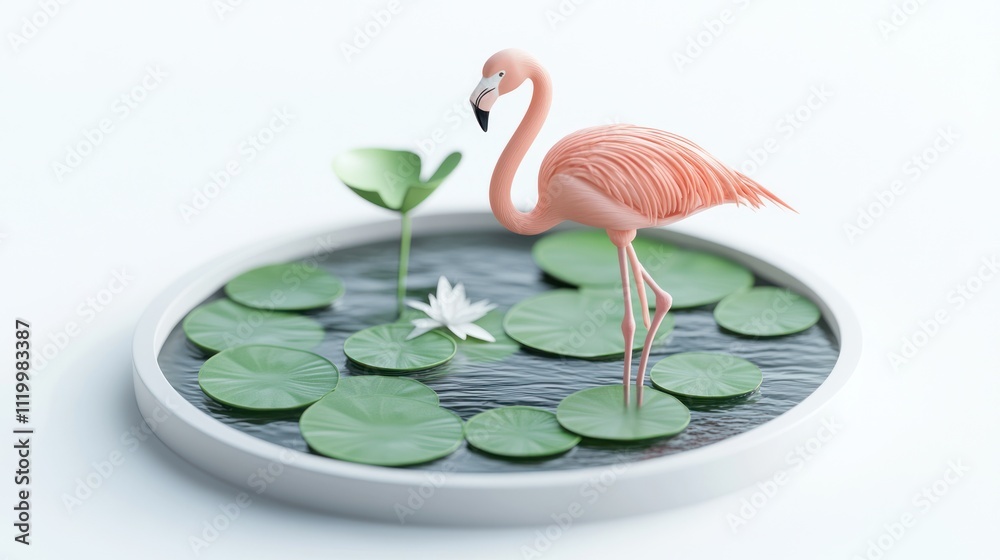 Poster a serene scene featuring a pink flamingo standing on lily pads in a decorative pond.