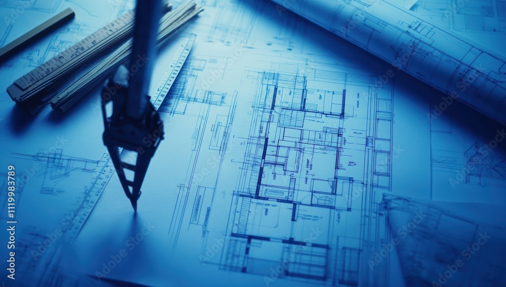 Poster a close-up of architectural blueprints with drafting tools, illustrating design and planning.