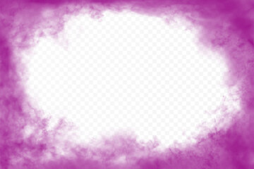 Deep pink realistic clouds around the horizontal ractangular frame with empty oval space in the middle. Vector cloudiness isolated on transparent background