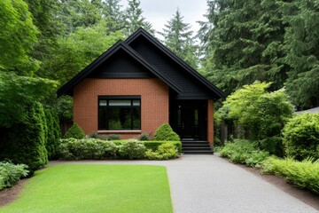 Obraz premium countryside living, classic bungalow with red brick and wood trim, framed by tall trees and clear skies, ideal for text overlay