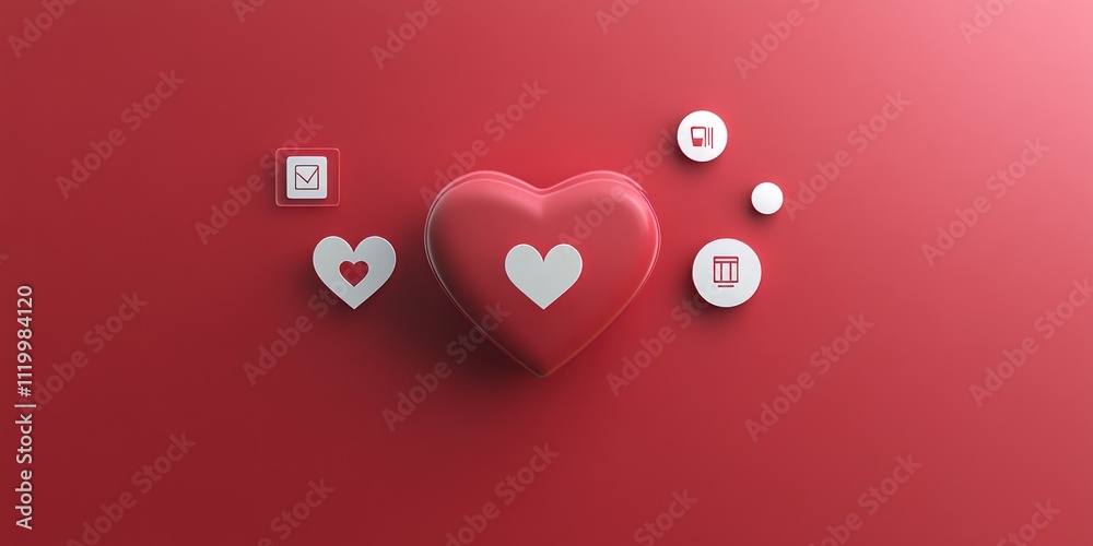 Aufkleber a 3d heart shape surrounded by various icons on a red background, symbolizing love and connection.