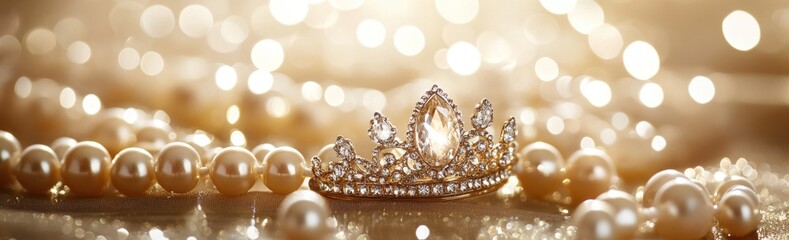 A sparkling tiara rests on a bed of pearls, evoking elegance and luxury.