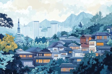 A reimagining of a Japanese village scene with modern buildings blending into the background