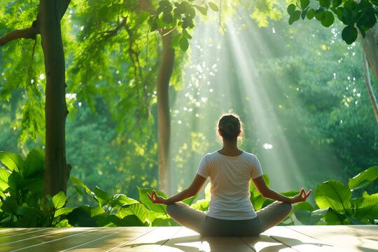 Back view of Woman meditating in a peaceful forest surrounded by lush greenery and sunlight streaming through trees, symbolizing mindfulness and connection with nature - Powered by Adobe