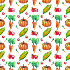 Watercolour seamless pattern of colorful vegetables - corn, carrot, tomato and pumpkin for fabric or paper