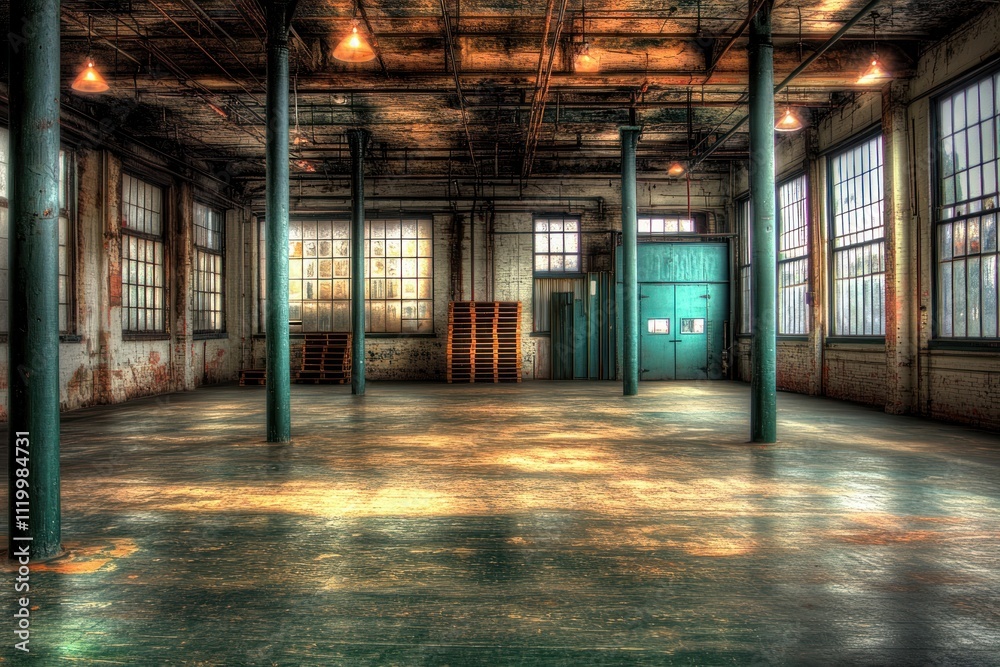 Poster an empty industrial space with large windows and wooden flooring, illuminated by overhead lights.
