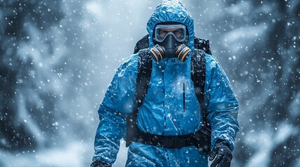 Fototapeta premium Man in Blue Hazmat Suit Walking in Snow