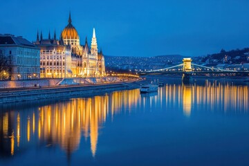 Eastern European city with historical architecture along the river, and beautiful scenery at night