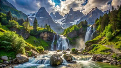 Majestic mountain waterfall in a lush green valley with a bright blue sky and white clouds