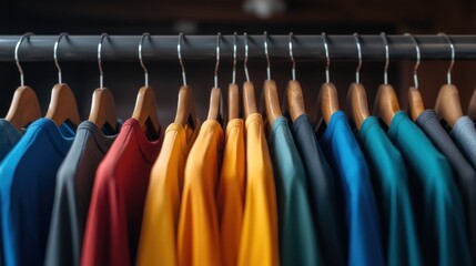 A series of assorted casual polo shirts artfully organized on a clothing rack, offering a balanced and colorful display for potential customers or fashion buyers.