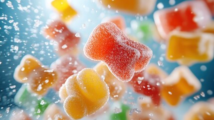 Bright, sugar-coated gummies captured mid-air with a blur of sugar, creating a playful, magical moment that highlights the joy of sweet indulgences.