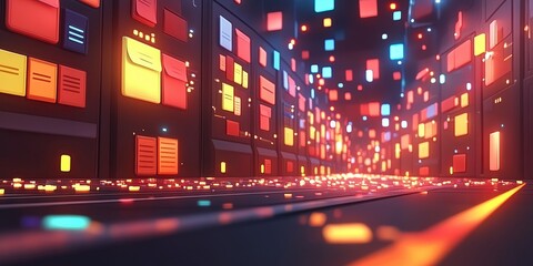 Fototapeta premium Futuristic Abstract Network Grid with Files and Folders Illuminated by Vibrant Colors in a Digital Environment for Stock Photography Use