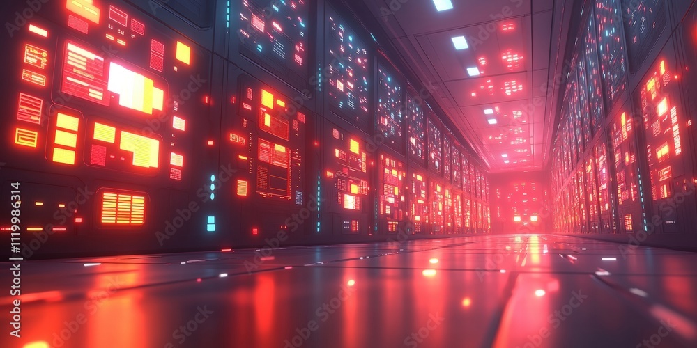 Poster futuristic digital network grid with abstract technology elements in a data storage environment illu