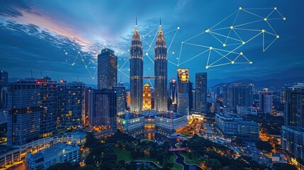 Fototapeta premium Night cityscape with illuminated skyscrapers and network connection lines.