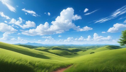 anime style background of rolling green hills under a clear blue sky with scattered white clouds open space and tranquility perfect for a cozy and inviting natural landscape