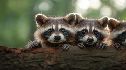 Obraz premium Three raccoons curiously peer over a log in a serene forest setting, symbolizing the essence of exploration and the bond among these adorable woodland creatures.