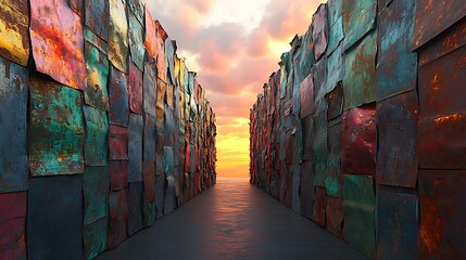 Fototapeta premium Colorful rusty metal wall pathway leading to sunset.