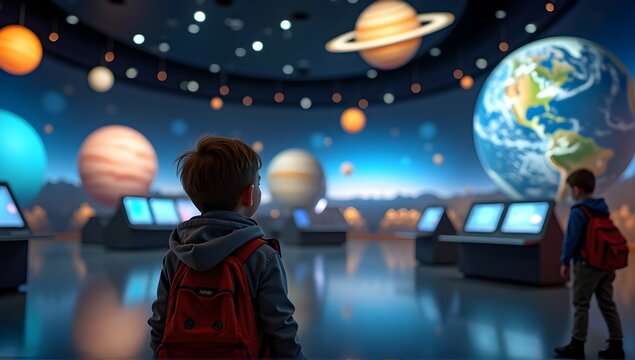 Young explorers gaze in awe at a breathtaking cosmic display. Planets, stars, and galaxies fill the immersive environment, sparking curiosity and wonder.