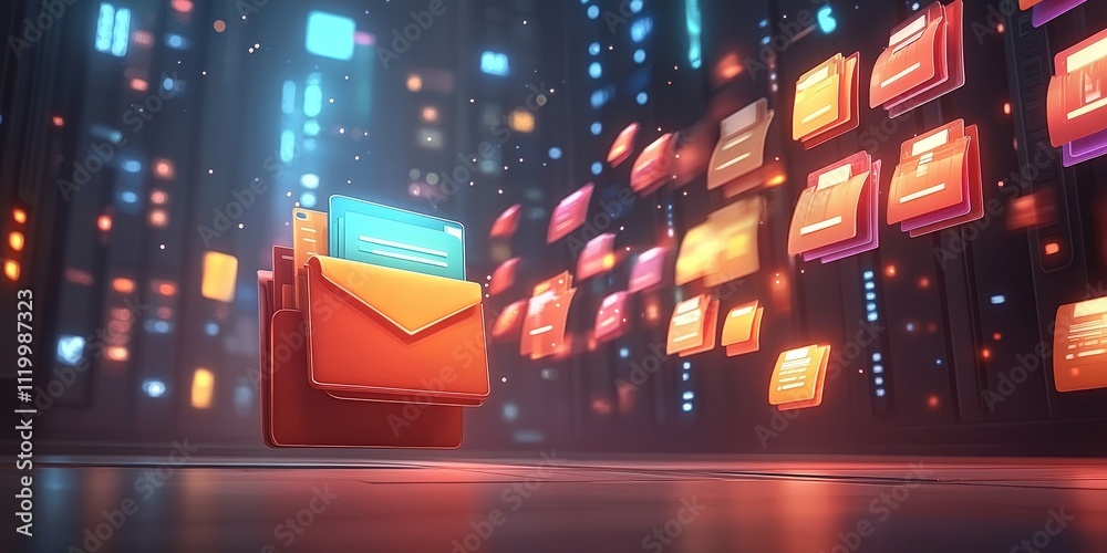 Poster futuristic abstract network grid with colorful folders and files representing digital data storage a