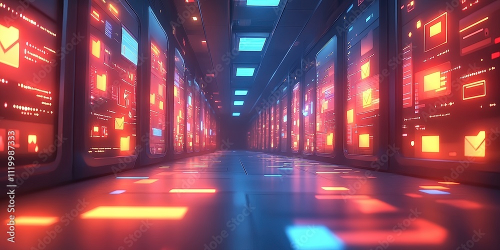 Poster futuristic abstract network grid with digital files and folders in a high-tech environment surrounde