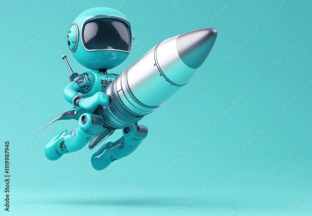 Aufkleber a playful robot astronaut riding a rocket against a turquoise background.