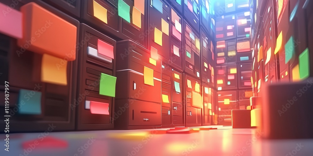 Poster futuristic abstract network grid with colorful files and folders in a digital archive environment fo