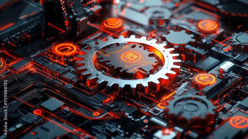 Poster business process automation concept, interconnected gears and digital icons on a dynamic abstract ba