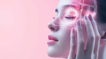Fototapeta premium ai neural networks optimization concept, A serene image of a woman with a digital overlay on her face, conveying themes of beauty, technology, and self-care against a soft pink background.
