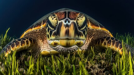 Fototapeta premium A close-up of a sea turtle resting on ocean grass, showcasing its intricate patterns.