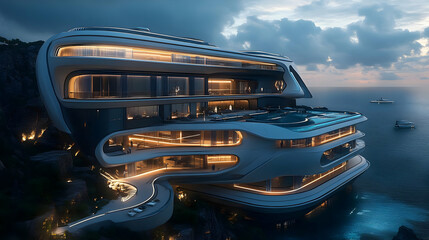 Obraz premium Futuristic Cliffside Mansion 3D Render