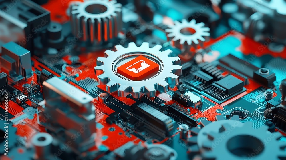 Poster business process automation visualization, intricate gears interlocking, digital icons representing 