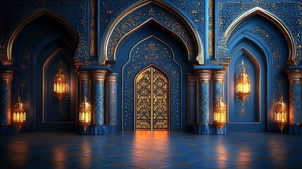 Opulent Blue and Gold Islamic Palace Interior with Intricate Archways and Golden Door