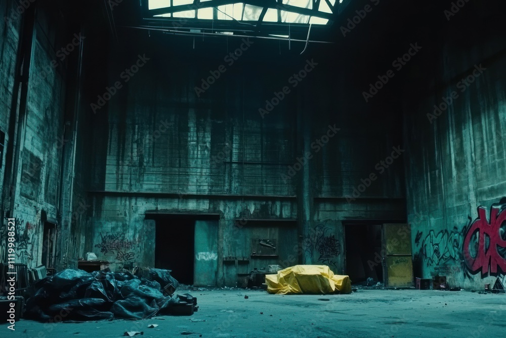 Poster An abandoned industrial space with graffiti and a covered object in the center.