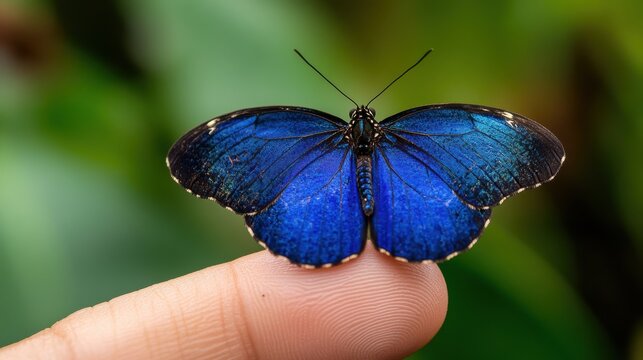 Striking blue and orange butterfly sitting on a person’s fingertip