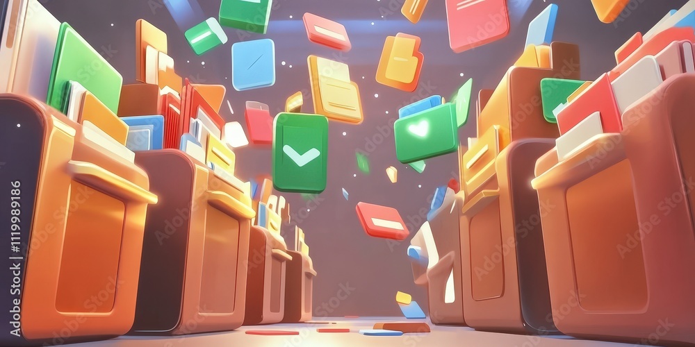 Poster futuristic abstract network grid design featuring floating files and folders in a 3d environment wit