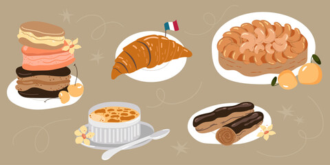 Vector hand drawn flat food illustration with french dessert, croissant, macaron, eclair, tart Tatin, creme brule,cherry blossom, traditional cuisine.
