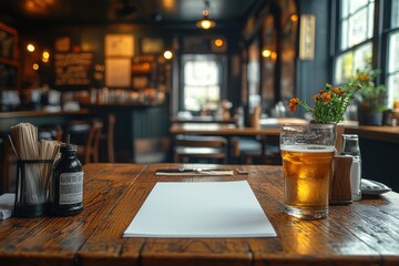 A cozy restaurant table set for dining with a drink and blank paper for notes or orders.