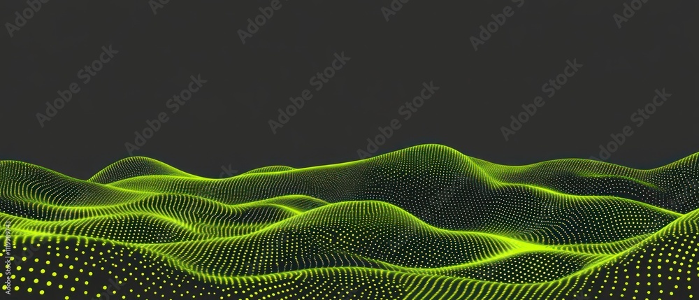 Poster abstract digital landscape with glowing green waves and dotted patterns.