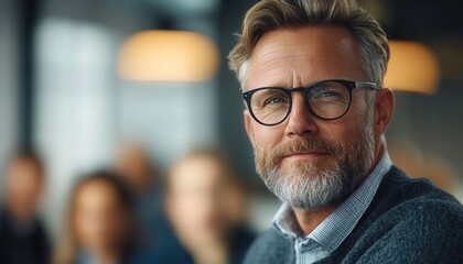 Fototapeta premium Confident man with glasses in a modern workspace setting.