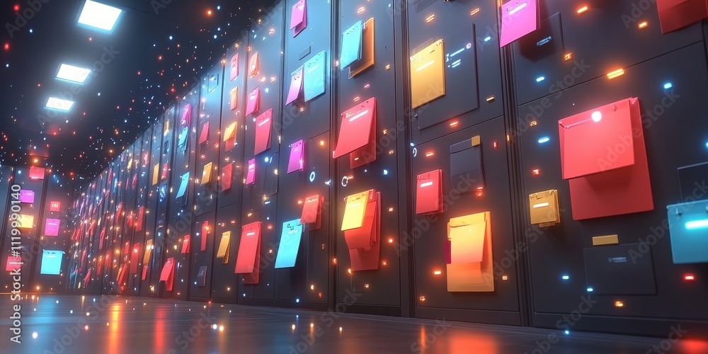 Poster futuristic abstract network grid of colorful files and folders illuminated by vibrant lights in a di